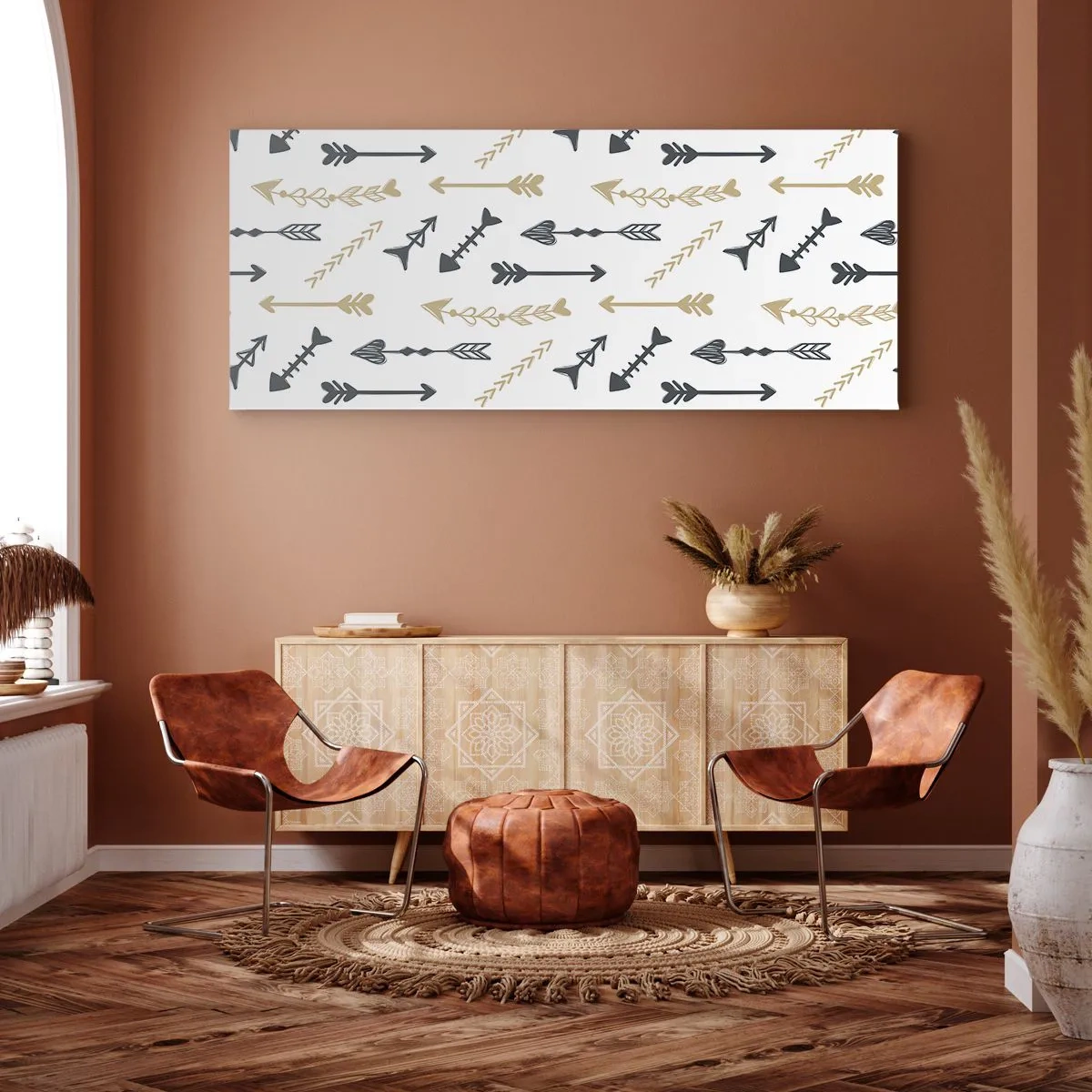 Bild auf Leinwand - Leinwandbild - Ein minimalistisches Muster mit Pfeilen in Beige- und Grautönen. - 140x50cm - Der Traum des Bogenschützen - Moderne Wanddekoration für Wohnzimmer und Schlafzimmer ARTTOR