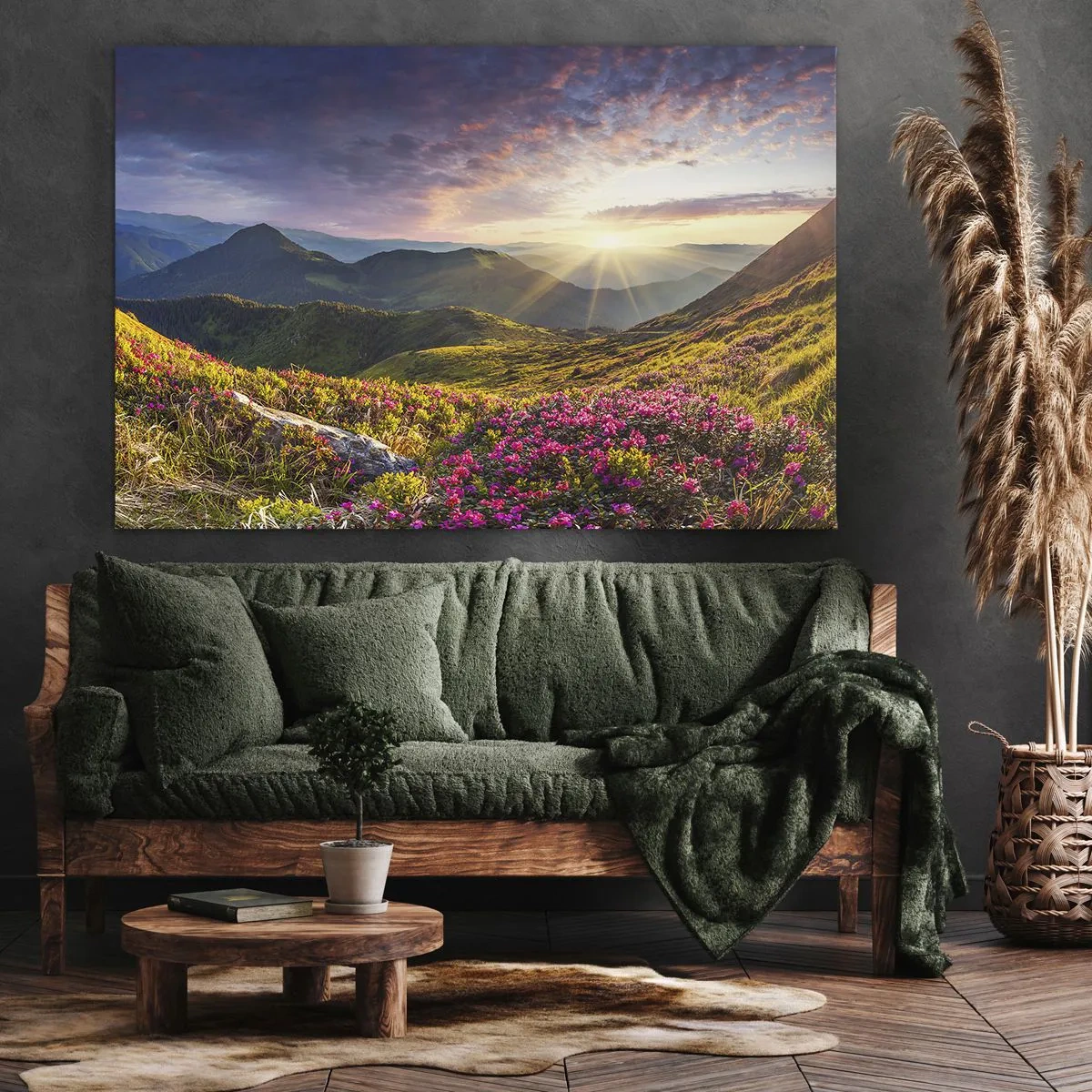 Bild auf Leinwand - Leinwandbild - Berglandschaft mit blühenden Rhododendren - 70x50cm - Frische am Bergmorgen - Moderne Wanddekoration für Wohnzimmer und Schlafzimmer ARTTOR
