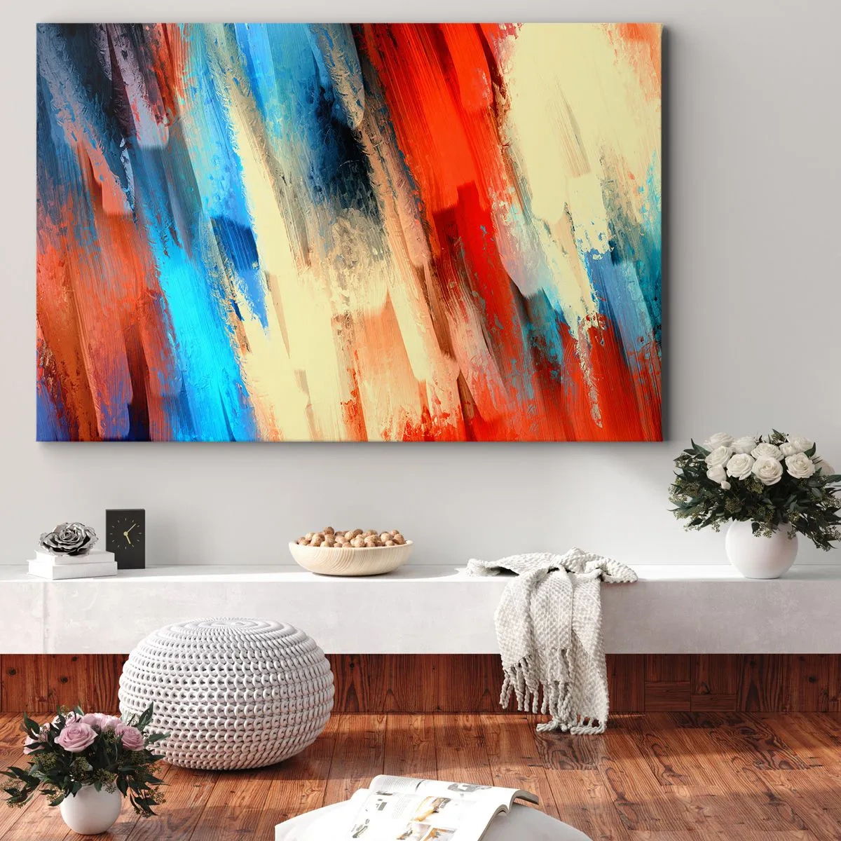Bild auf Leinwand - Leinwandbild - Abstrakter Pinselstrich in Blau- und Orangetönen - 120x80cm - Eine Kaskade von Farben - Moderne Wanddekoration für Wohnzimmer und Schlafzimmer ARTTOR
