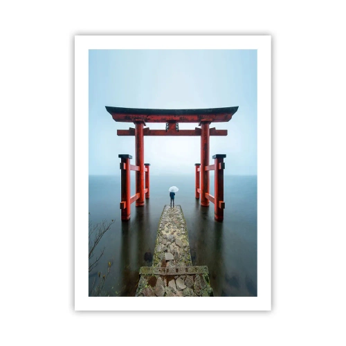 Poster - Rote Torii vor dem Hintergrund von ruhigem Wasser und Himmel - 50x70cm - Japanische Träumerei - Moderne Wanddekoration für Wohnzimmer und Schlafzimmer ARTTOR