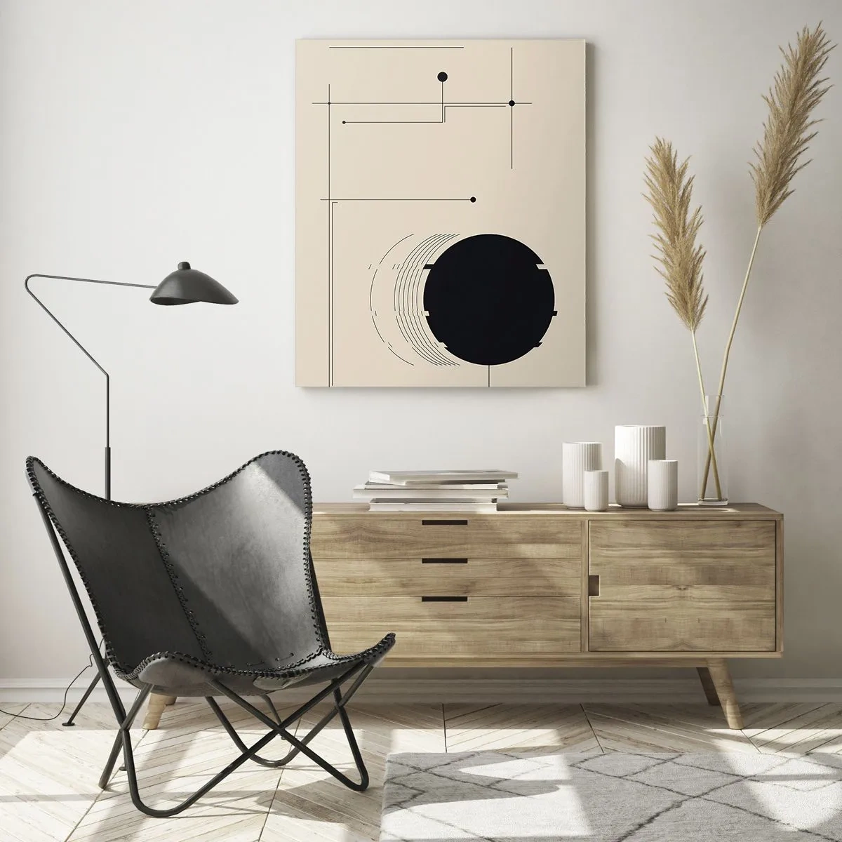 Glasbild - Bild auf glas - Schwarze geometrische Linien und ein Kreis auf beigem Hintergrund - 80x120cm - Flexible und dynamische Komposition - Moderne Wanddekoration für Wohnzimmer und Schlafzimmer ARTTOR