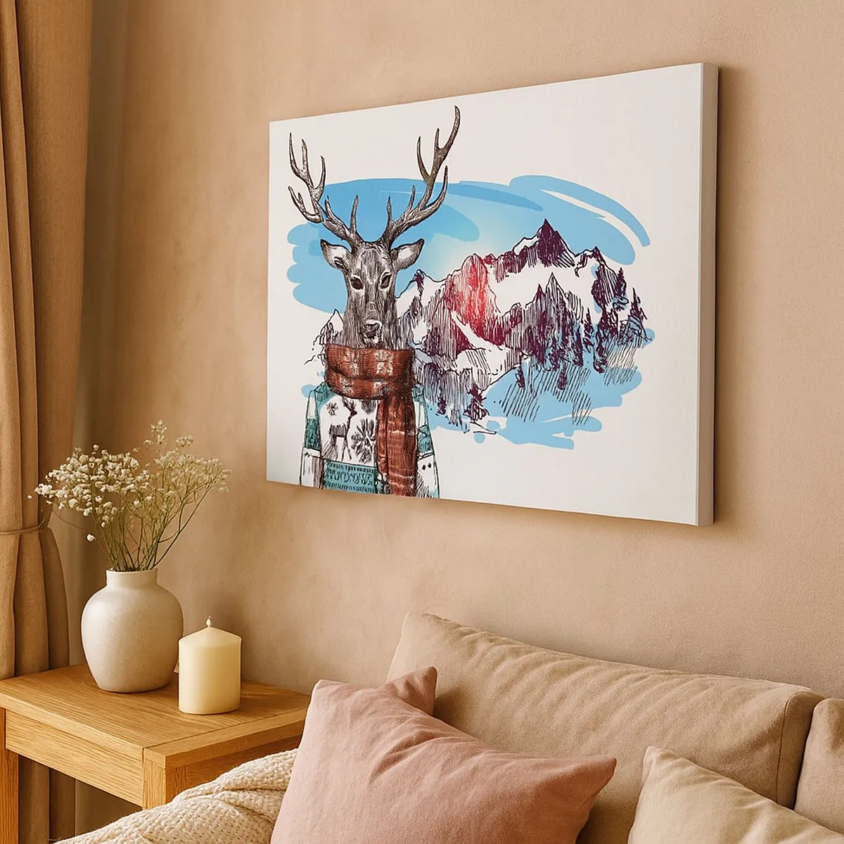 Bild auf Leinwand - Leinwandbild - Ein Hirsch im Winterpullover vor einer Berglandschaft - 70x50cm - Auch ein Reh friert nicht - Moderne Wanddekoration für Wohnzimmer und Schlafzimmer ARTTOR