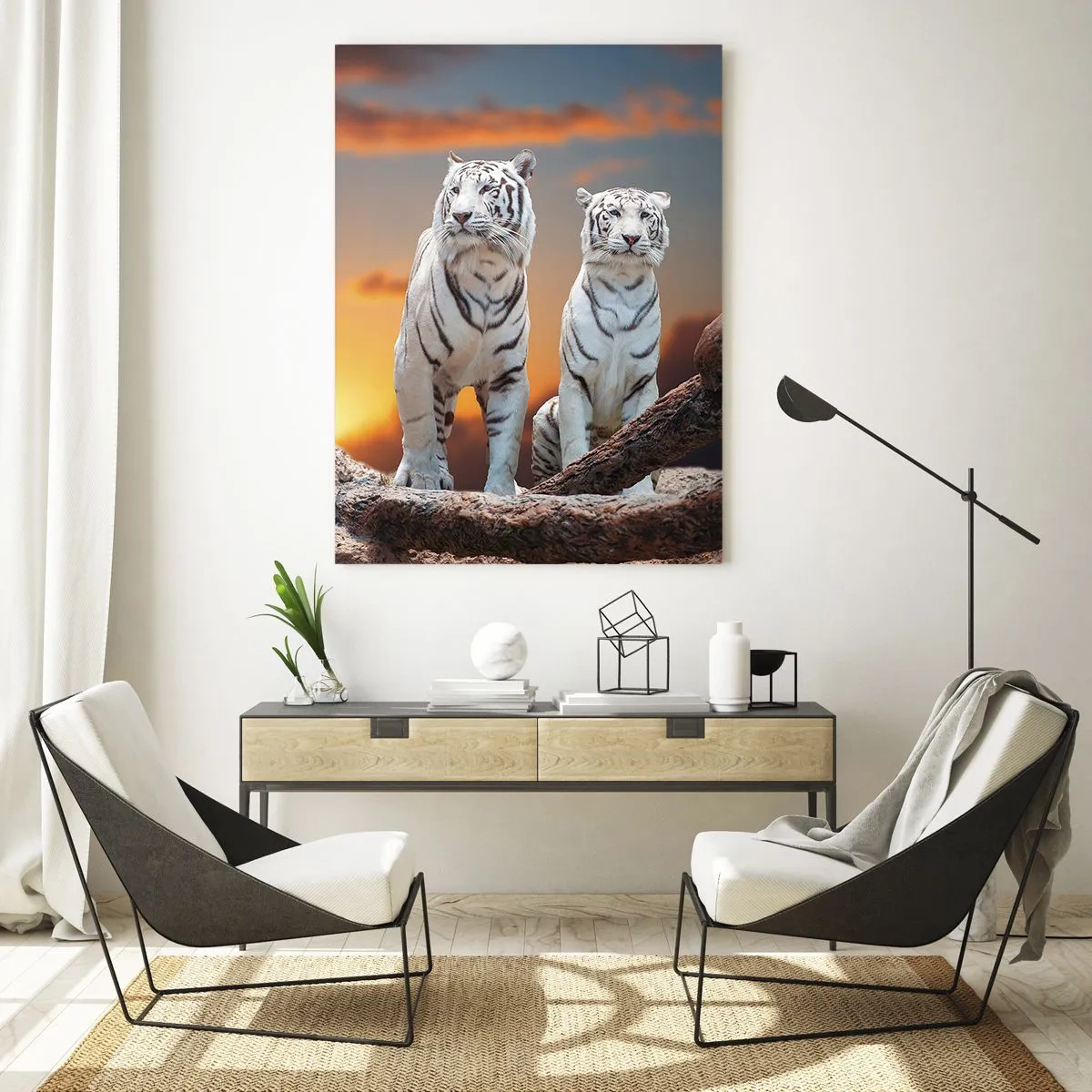 Glasbild - Bild auf glas - Weiße Tiger vor der untergehenden Sonne - 50x70cm - Genau wie Narnia - Moderne Wanddekoration für Wohnzimmer und Schlafzimmer ARTTOR