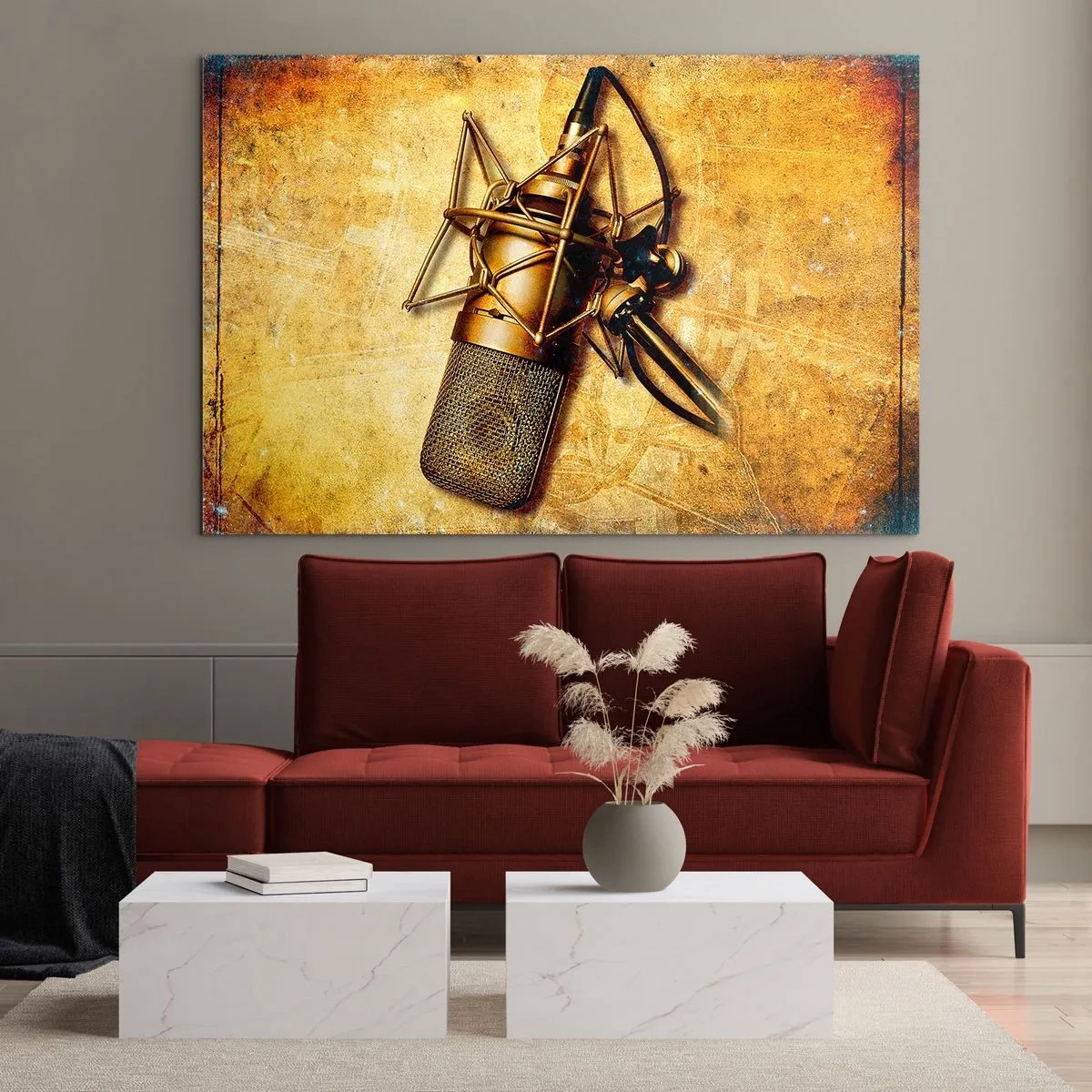 Glasbild - Bild auf glas - Ein goldenes Mikrofon auf Vintage-Hintergrund - 70x50cm - Die goldenen Jahre des Radios - Moderne Wanddekoration für Wohnzimmer und Schlafzimmer ARTTOR