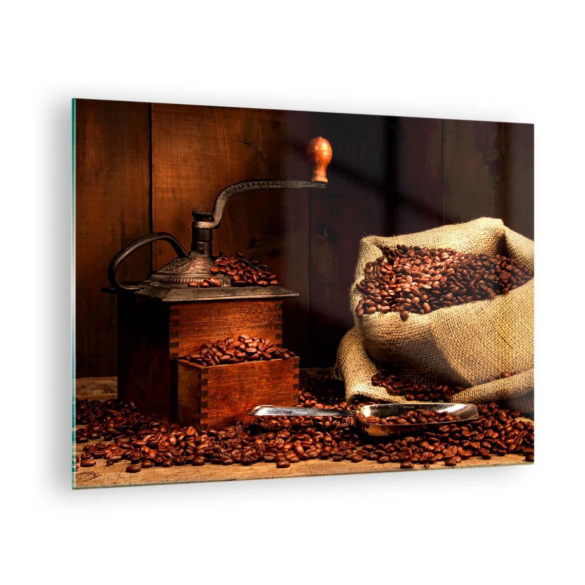 Glasbild - Bild auf glas - Eine alte Kaffeemühle mit Bohnen und einer Tüte Kaffee - 70x50cm - Stillleben mit Kaffeebohnen und einer Mühle - Moderne Wanddekoration für Wohnzimmer und Schlafzimmer ARTTOR