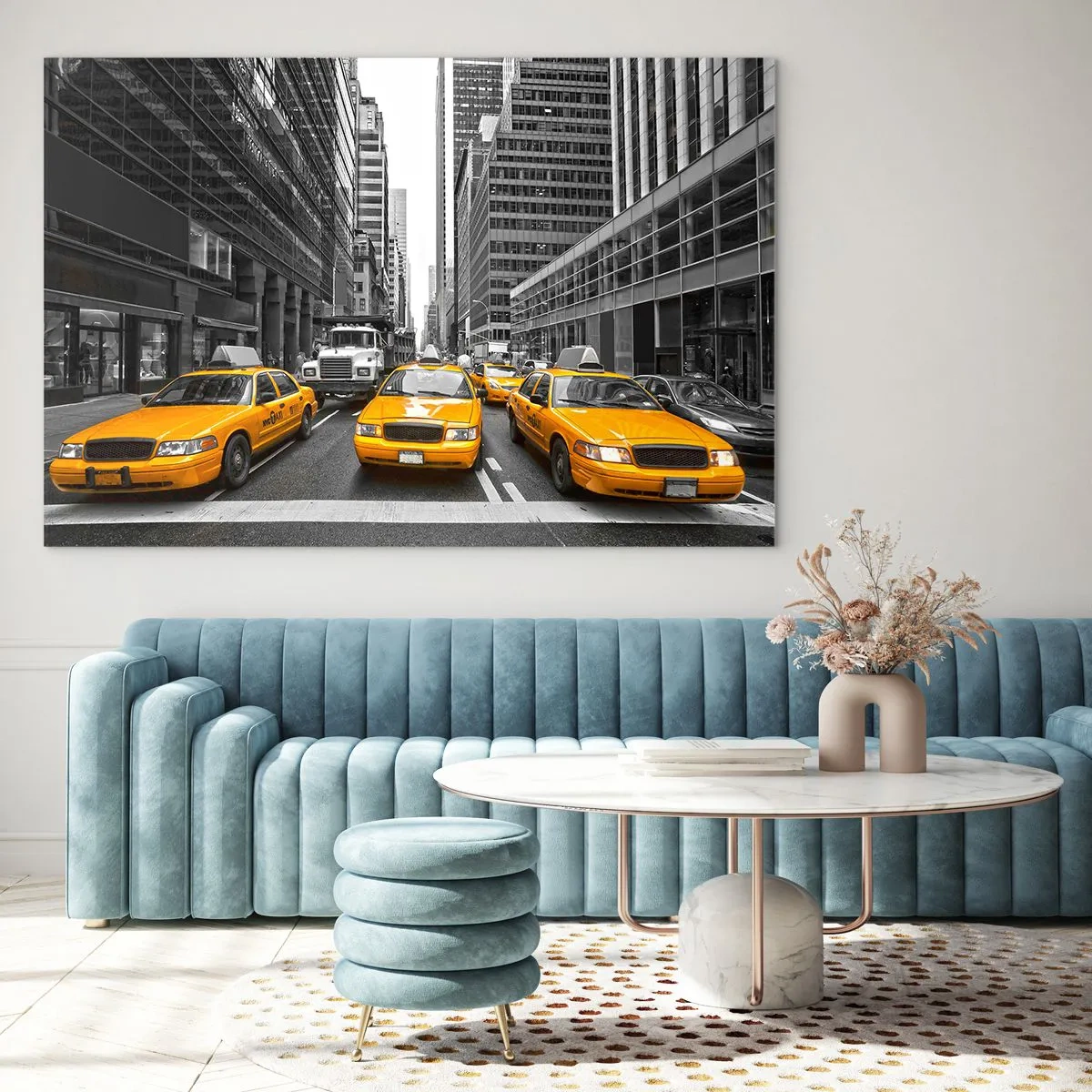 Glasbild - Bild auf glas - Gelbe Taxis auf den Straßen von New York - 70x50cm - Wir färben die Stadt - Moderne Wanddekoration für Wohnzimmer und Schlafzimmer ARTTOR