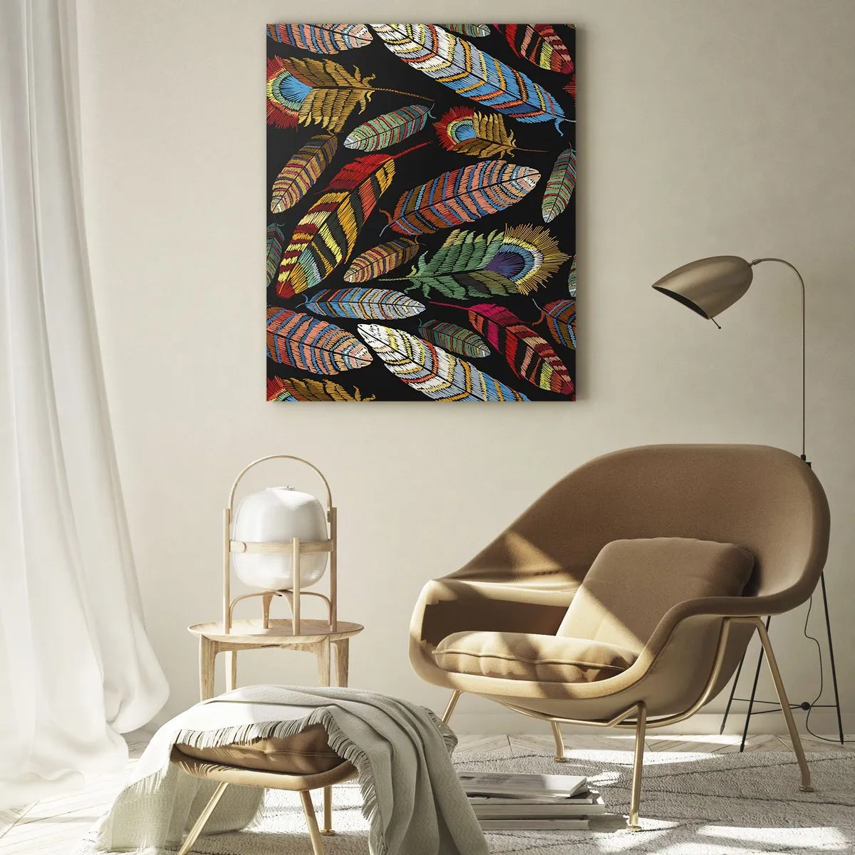 Glasbild - Bild auf glas - Bunte Federn auf schwarzem Hintergrund - 80x120cm - Der Vogelkarneval - Moderne Wanddekoration für Wohnzimmer und Schlafzimmer ARTTOR