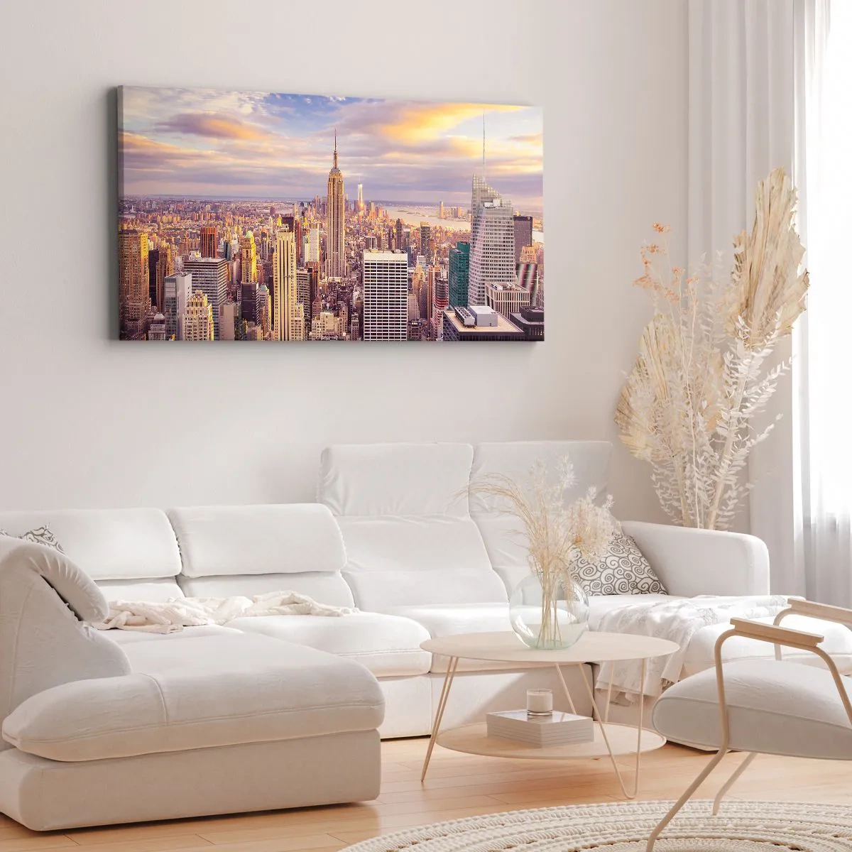 Bild auf Leinwand - Leinwandbild - Panorama einer modernen Stadt mit Wolkenkratzern bei Sonnenuntergang - 140x50cm - Nur nach den Wolken greifen - Moderne Wanddekoration für Wohnzimmer und Schlafzimmer ARTTOR