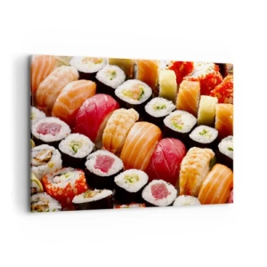Bild auf Leinwand - Leinwandbild - Buntes Sushi in Reihen angeordnet mit verschiedenen Toppings - 100x70cm - Farben und Aromen Asiens - Moderne Wanddekoration für Wohnzimmer und Schlafzimmer ARTTOR
