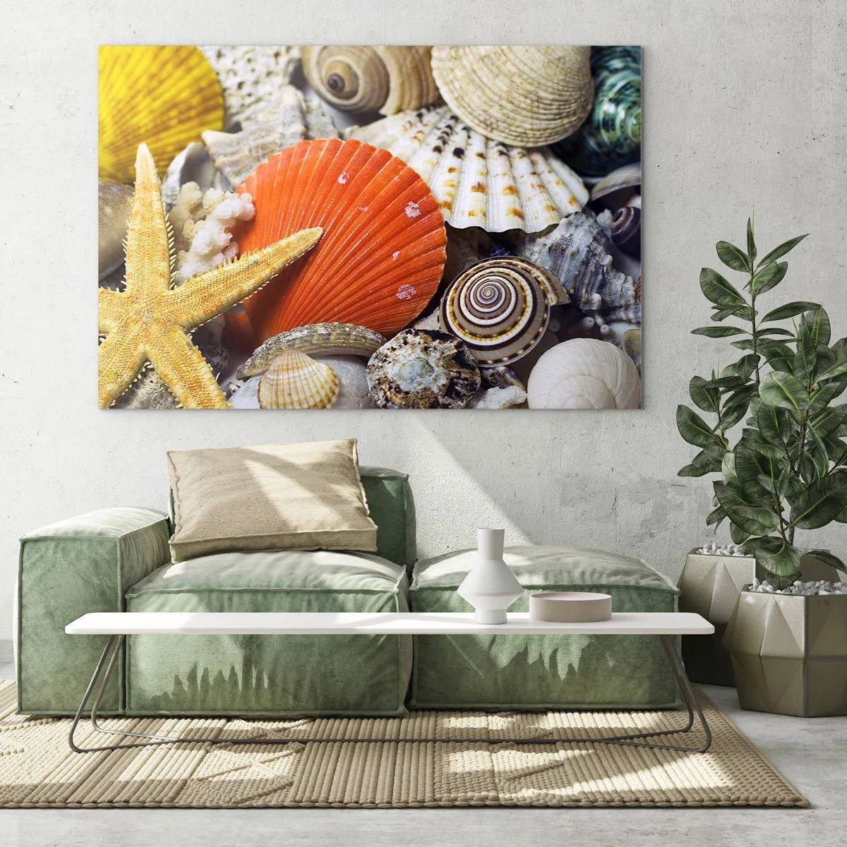 Glasbild - Bild auf glas - Bunte Muscheln und Seesterne in einer Meereskomposition - 120x80cm - Schätze des Ozeans - Moderne Wanddekoration für Wohnzimmer und Schlafzimmer ARTTOR