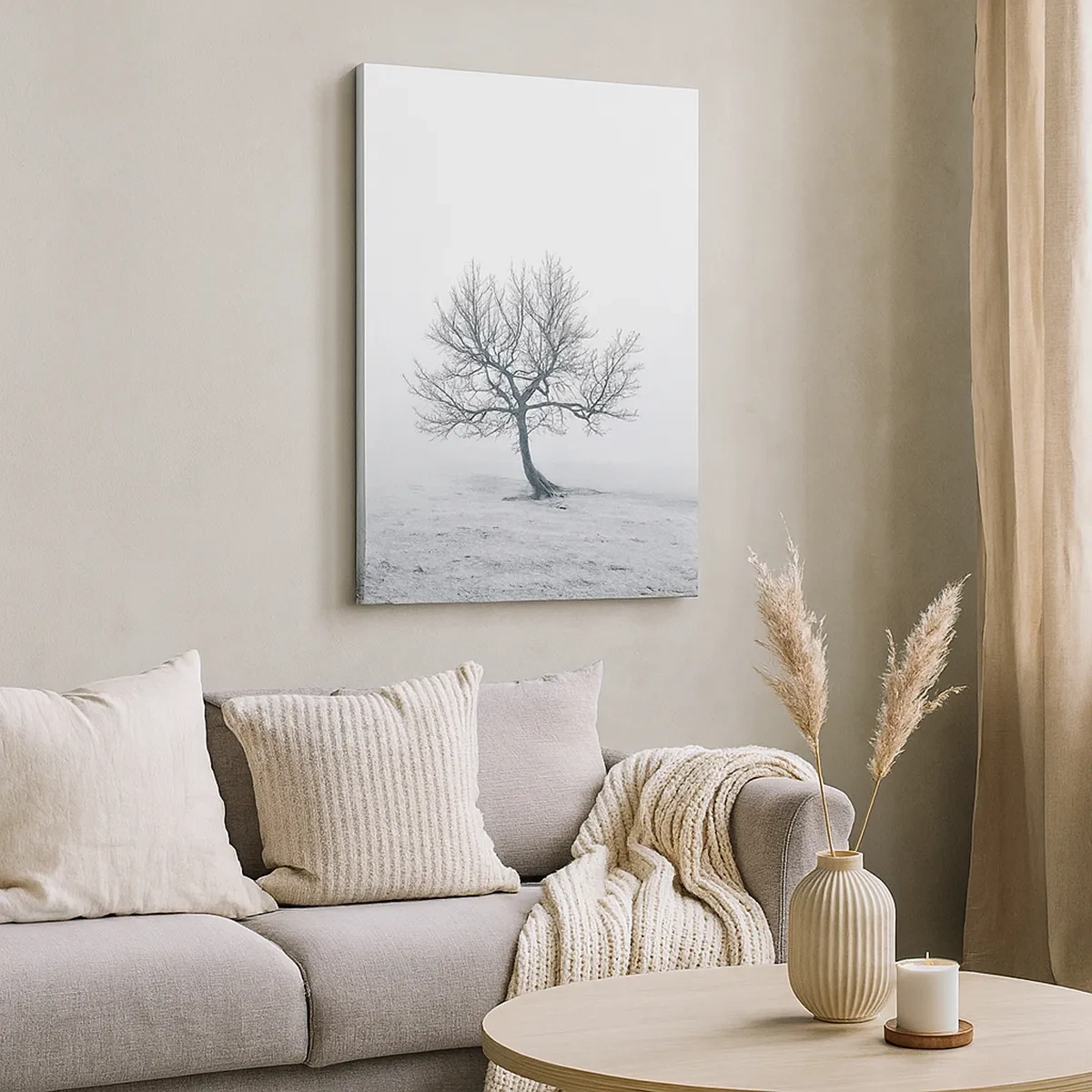 Bild auf Leinwand - Leinwandbild - Ein einsamer Baum im Winternebel auf einem leeren Feld - 50x70cm - Gegen das Nichts - Moderne Wanddekoration für Wohnzimmer und Schlafzimmer ARTTOR