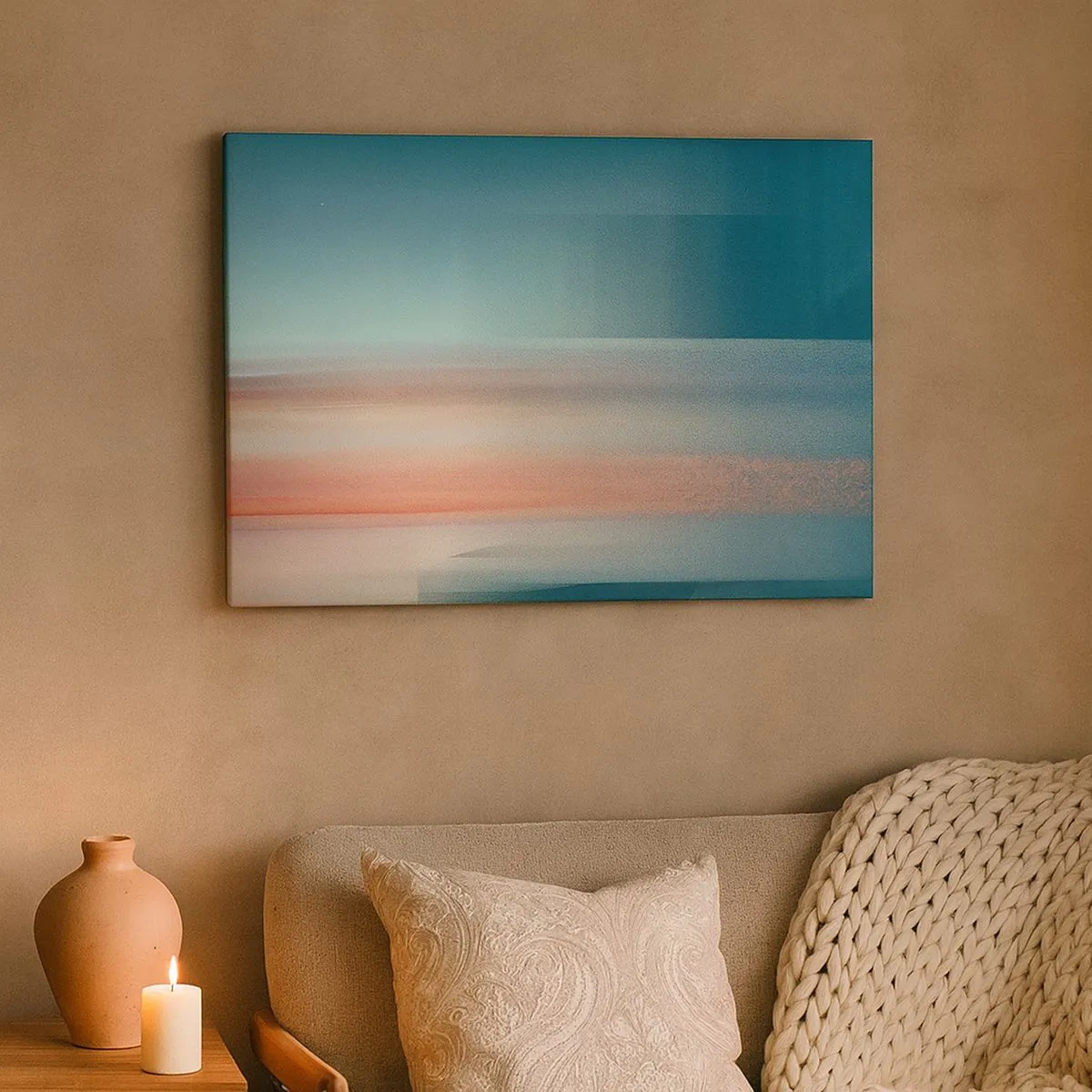 Bild auf Leinwand - Leinwandbild - Ein Sonnenuntergang in Pastelltönen über einem ruhigen Horizont - 70x50cm - Abstraktion: Lichtwellen - Moderne Wanddekoration für Wohnzimmer und Schlafzimmer ARTTOR