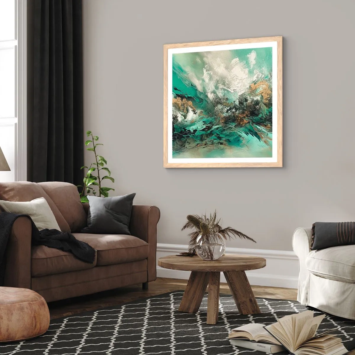Poster in einem Rahmen aus heller Eiche - Smaragdgrüne und schwarze Brandung - 30x30 cm