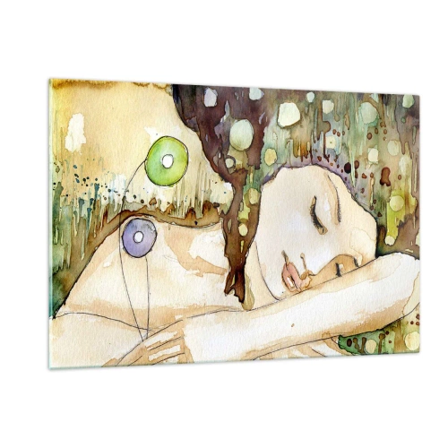 Glasbild - Bild auf glas - Eine schlafende Frau in einem künstlerischen Aquarellgemälde in warmen Farben. - 120x80cm - Ein smaragd-violetter Traum - Moderne Wanddekoration für Wohnzimmer und Schlafzimmer ARTTOR