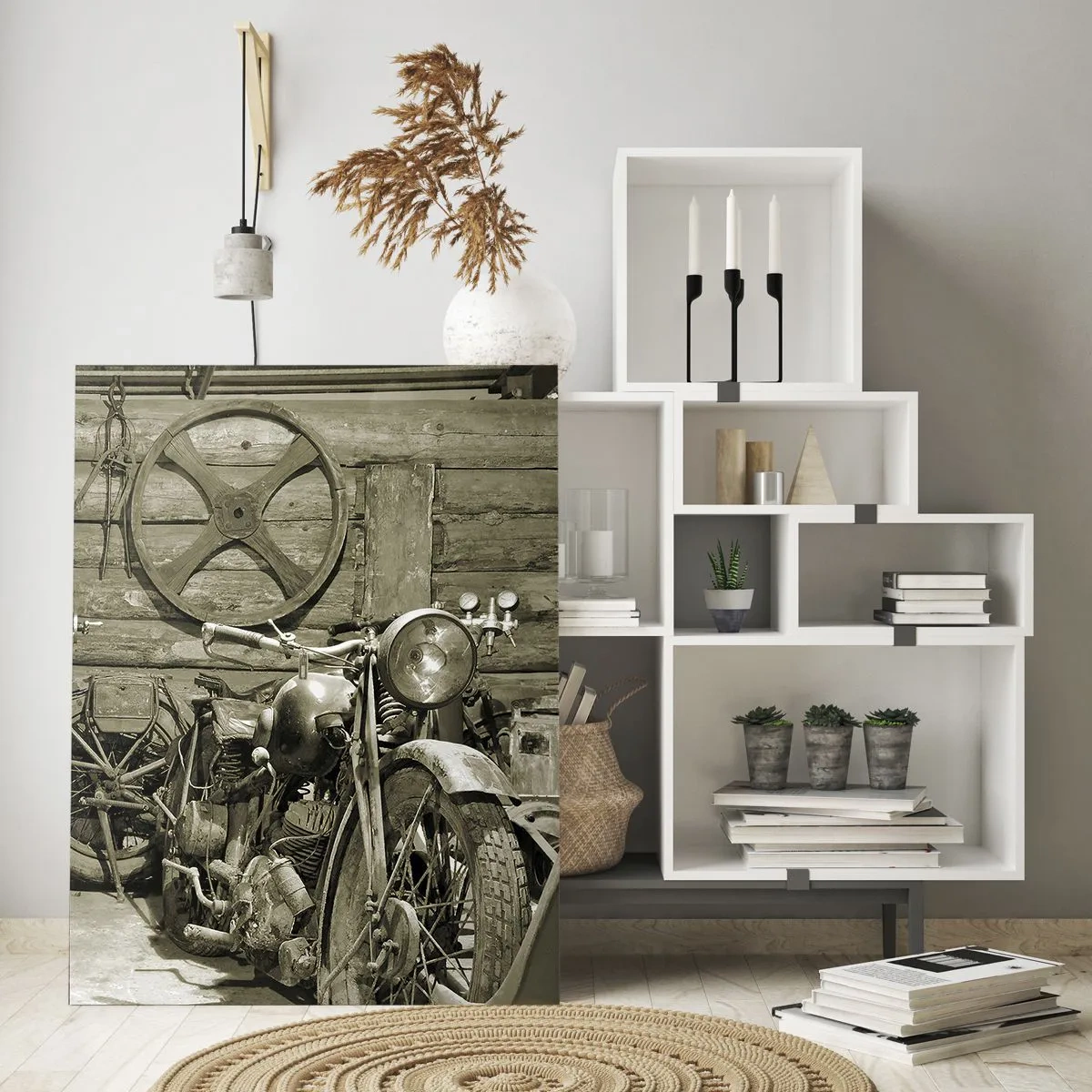 Glasbild - Bild auf glas - Eine Werkstatt mit antiken Werkzeugen und einem alten Motorrad - 50x70cm - Im Schuppen von Onkel Władek - Moderne Wanddekoration für Wohnzimmer und Schlafzimmer ARTTOR