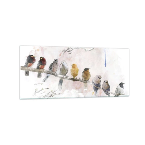 Glasbild - Bild auf glas - Bunte Vögel auf einem Ast im Aquarellstil - 120x50cm - Geflügeltes Treffen - Moderne Wanddekoration für Wohnzimmer und Schlafzimmer ARTTOR