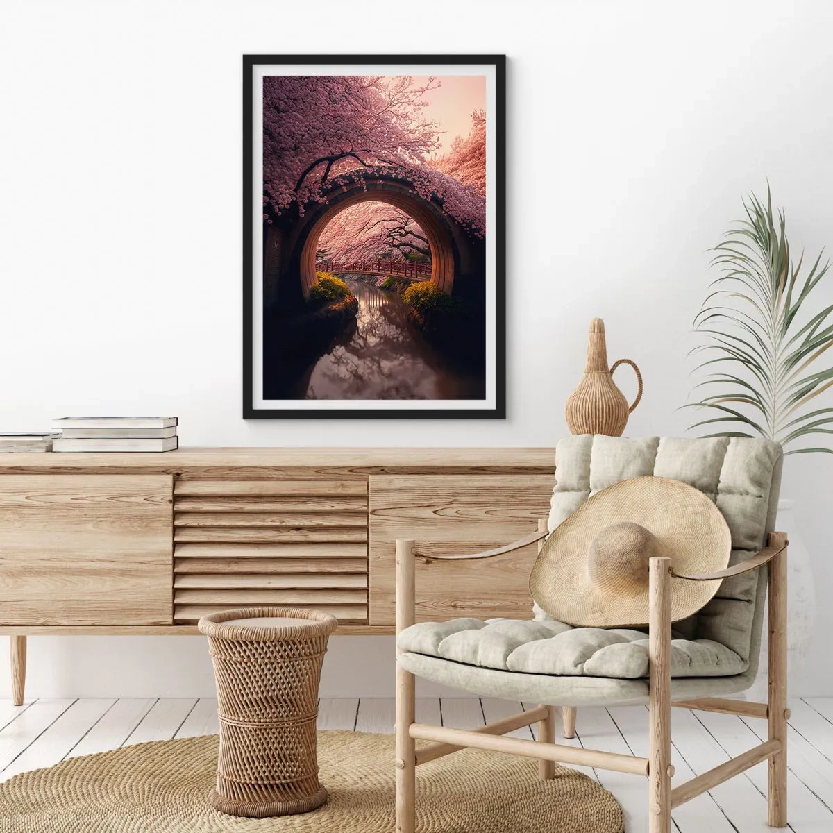 Poster in einem schwarzem Rahmen - Eine romantische Brücke zwischen Kirschblüten - 50x70cm - Japanischer Frühling - Moderne Wanddekoration für Wohnzimmer und Schlafzimmer ARTTOR