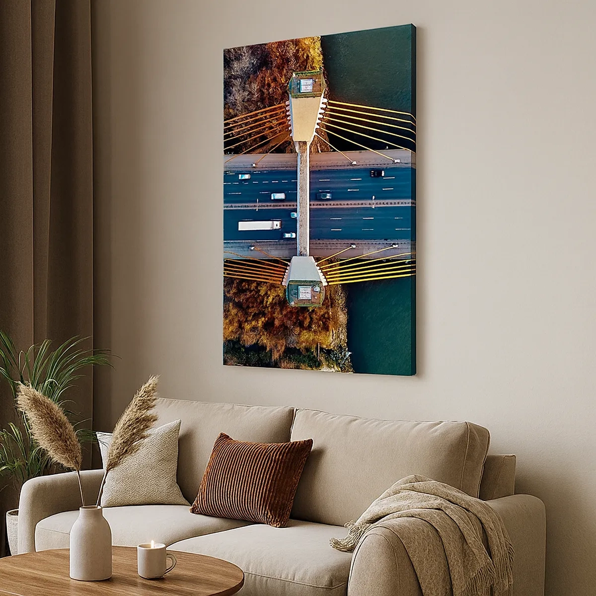 Bild auf Leinwand - Leinwandbild - Luftaufnahme der Brücke über den Fluss und der Herbstlandschaft - 50x70cm - Jenseits der Gewässer, jenseits der Wälder - Moderne Wanddekoration für Wohnzimmer und Schlafzimmer ARTTOR