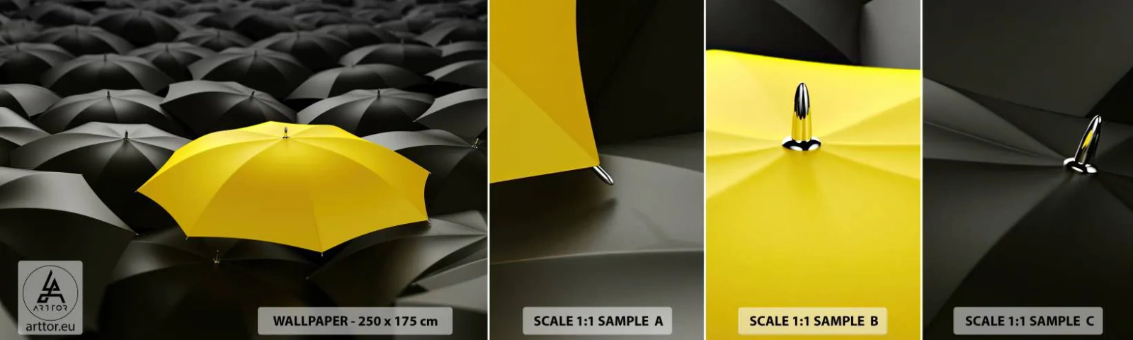 Fototapetenmuster Standard Eco - Auf Wiedersehen Trauer - Gelbe Regenschirme, Grafik, Konzept - 100x30 cm