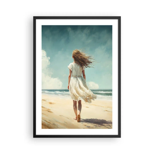 Poster in einem schwarzem Rahmen - Eine Frau in einem weißen Kleid geht am Strand am Meer spazieren - 50x70cm - Der Sonne und dem Wind begegnen - Moderne Wanddekoration für Wohnzimmer und Schlafzimmer ARTTOR