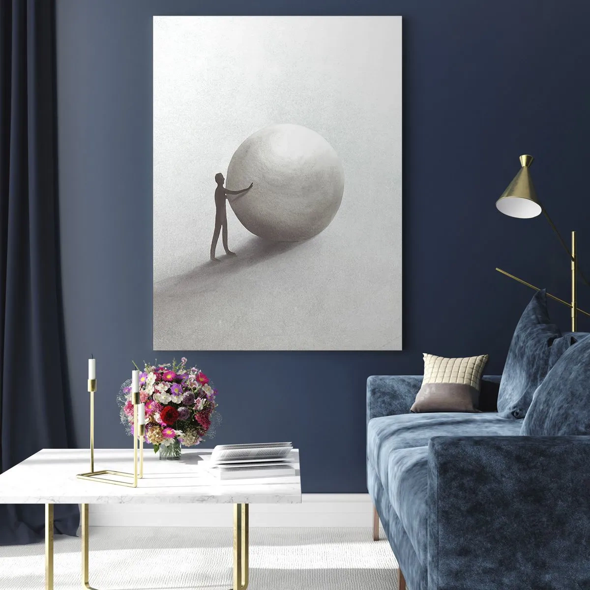 Glasbild - Bild auf glas - Eine minimalistische Silhouette eines Mannes mit einem großen Ball auf hellem Hintergrund. - 50x70cm - Das Spiel des Lebens - Moderne Wanddekoration für Wohnzimmer und Schlafzimmer ARTTOR
