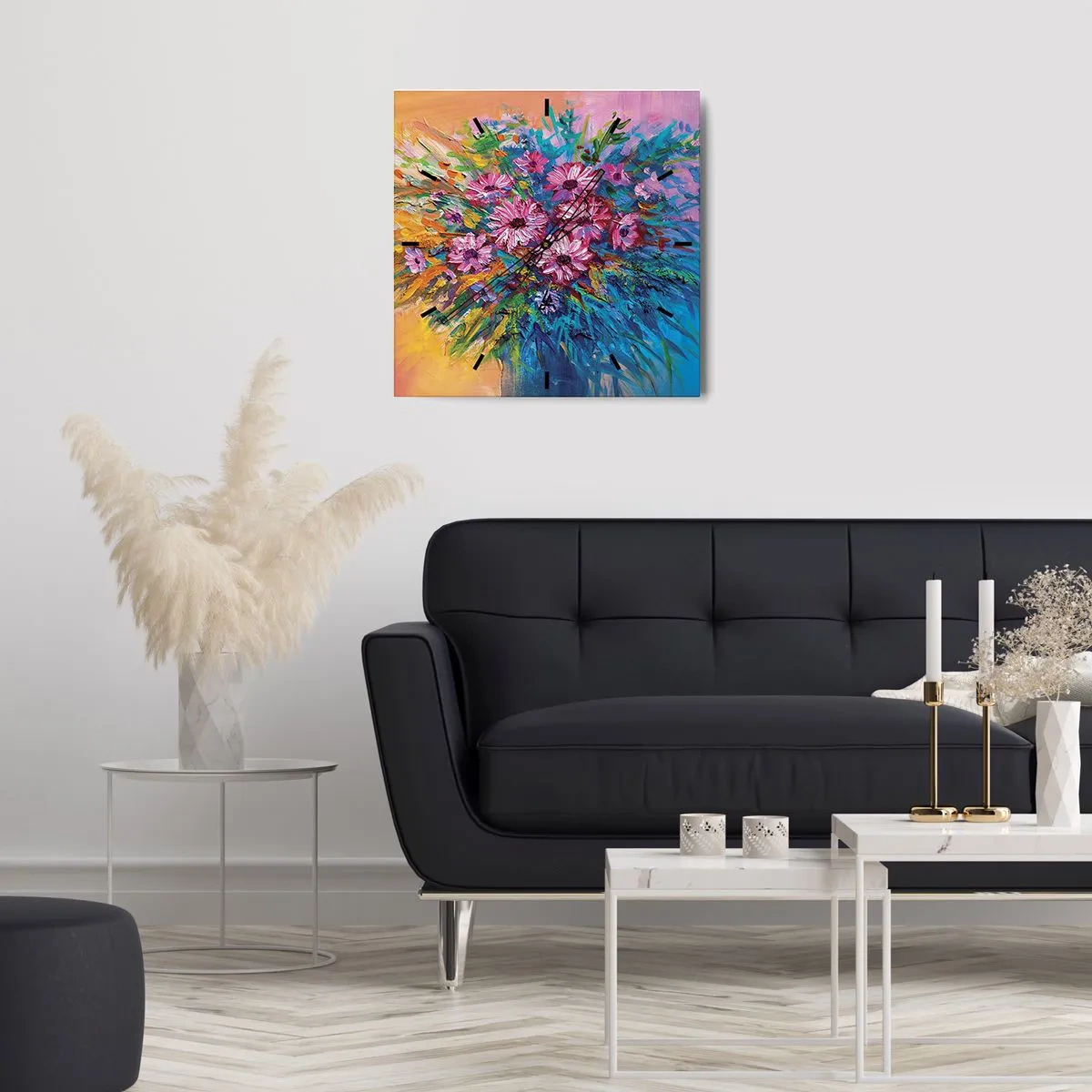 Wanduhr - Glasuhr - Bunte Blumen in einem Strauß vor pastellfarbenem Hintergrund - 30x30cm - Lebensenergie - Moderne Wanddekoration für Wohnzimmer und Schlafzimmer ARTTOR