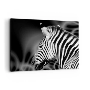 Bild auf Leinwand - Leinwandbild - Schwarz-Weiß-Porträt eines Zebras vor einem Hintergrund abstrakter Muster. - 100x70cm - Weiß ist weiß und schwarz ist schwarz - Moderne Wanddekoration für Wohnzimmer und Schlafzimmer ARTTOR