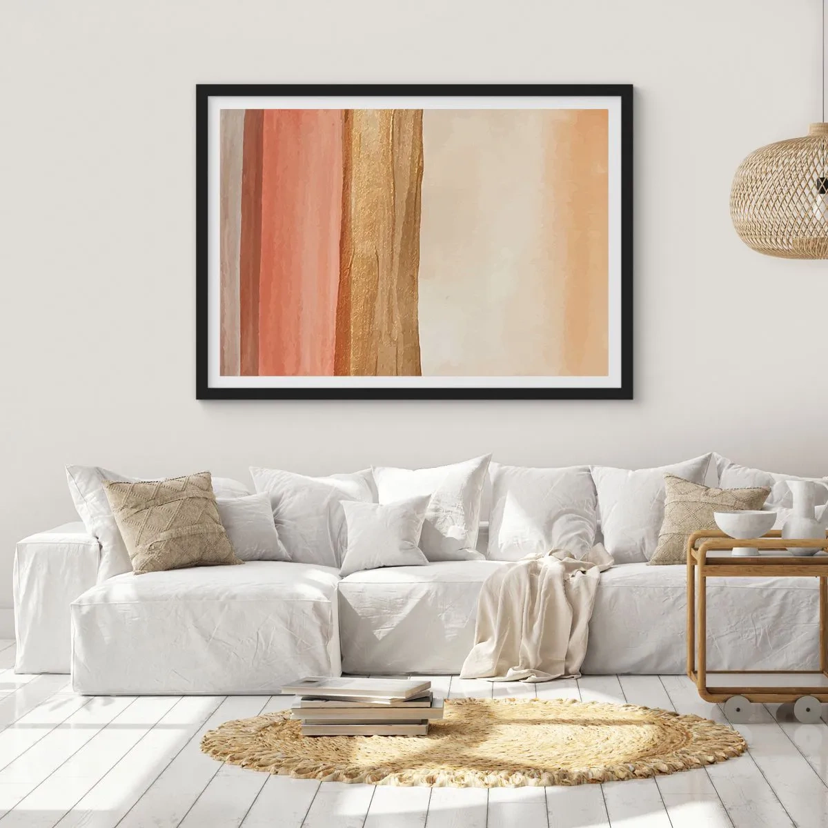 Poster in einem schwarzem Rahmen - Abstrakte Streifen in Beige-, Gold- und Rosatönen auf Leinwand - 70x50cm - Vertikale Komposition - Moderne Wanddekoration für Wohnzimmer und Schlafzimmer ARTTOR