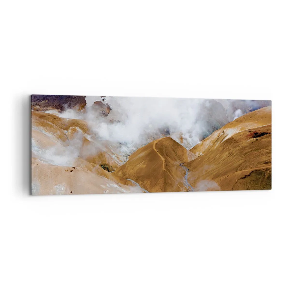 Bild auf Leinwand - Leinwandbild - Eine Berglandschaft mit Dampf in einem rauen Klima - 140x50cm - Islands rohe Schönheit - Moderne Wanddekoration für Wohnzimmer und Schlafzimmer ARTTOR