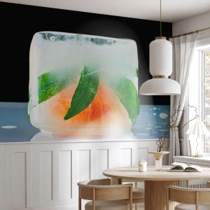 Fototapete Premium Canvas - Eiswürfel mit Orange und Blättern - 100x70cm - Frisch und kühl - Moderne Wanddekoration für Wohnzimmer und Schlafzimmer ARTTOR