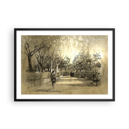 Poster in einem schwarzem Rahmen - Eine Cartoon-Szene eines Parks mit spazierenden Menschen in warmen Tönen. - 70x50cm - Ein Moment mit einer Feder angehalten - Moderne Wanddekoration für Wohnzimmer und Schlafzimmer ARTTOR