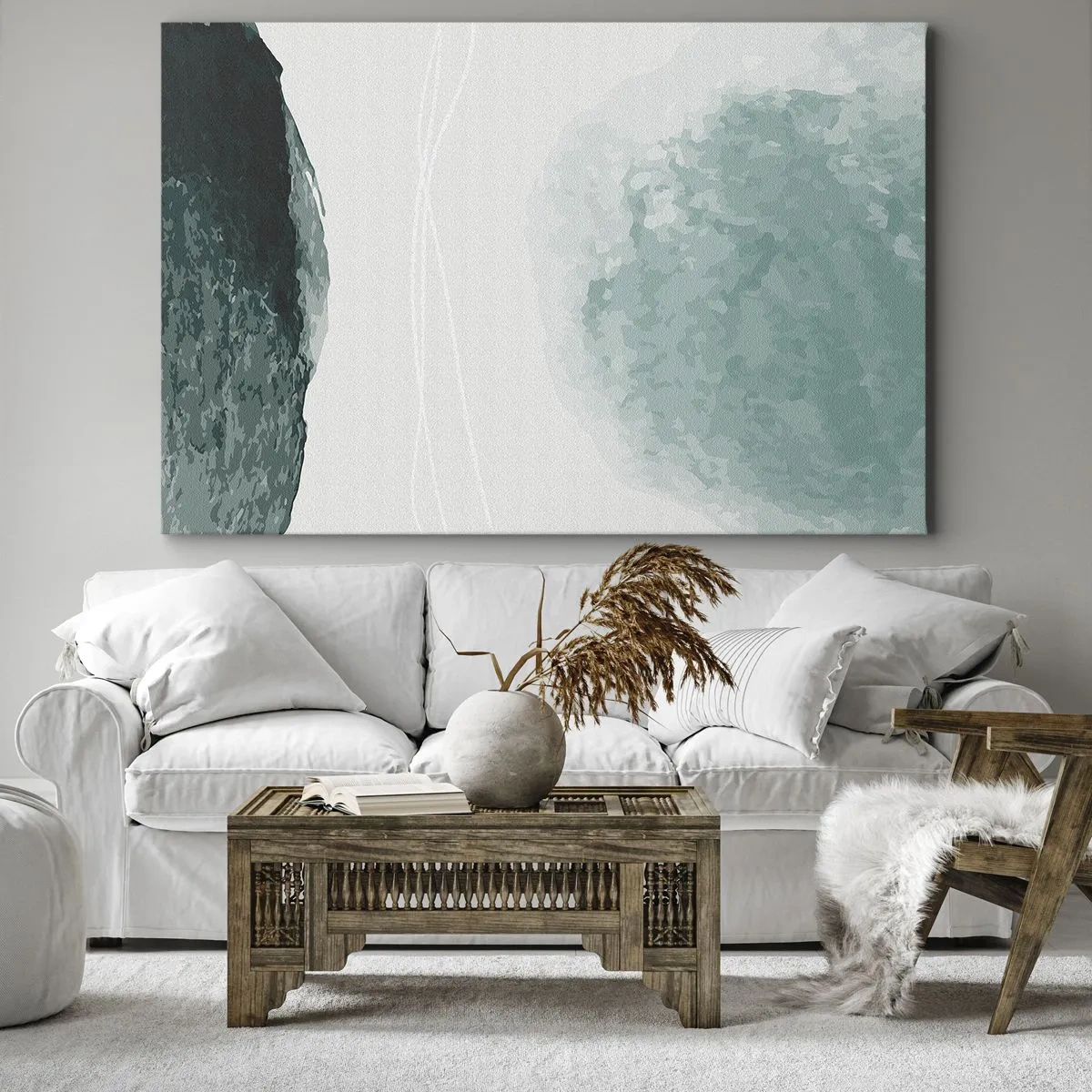 Bild auf Leinwand - Leinwandbild - Eine zarte abstrakte Komposition in Grüntönen mit subtilen Formen auf hellem Hintergrund. - 70x50cm - Begegnung mit Nebel - Moderne Wanddekoration für Wohnzimmer und Schlafzimmer ARTTOR