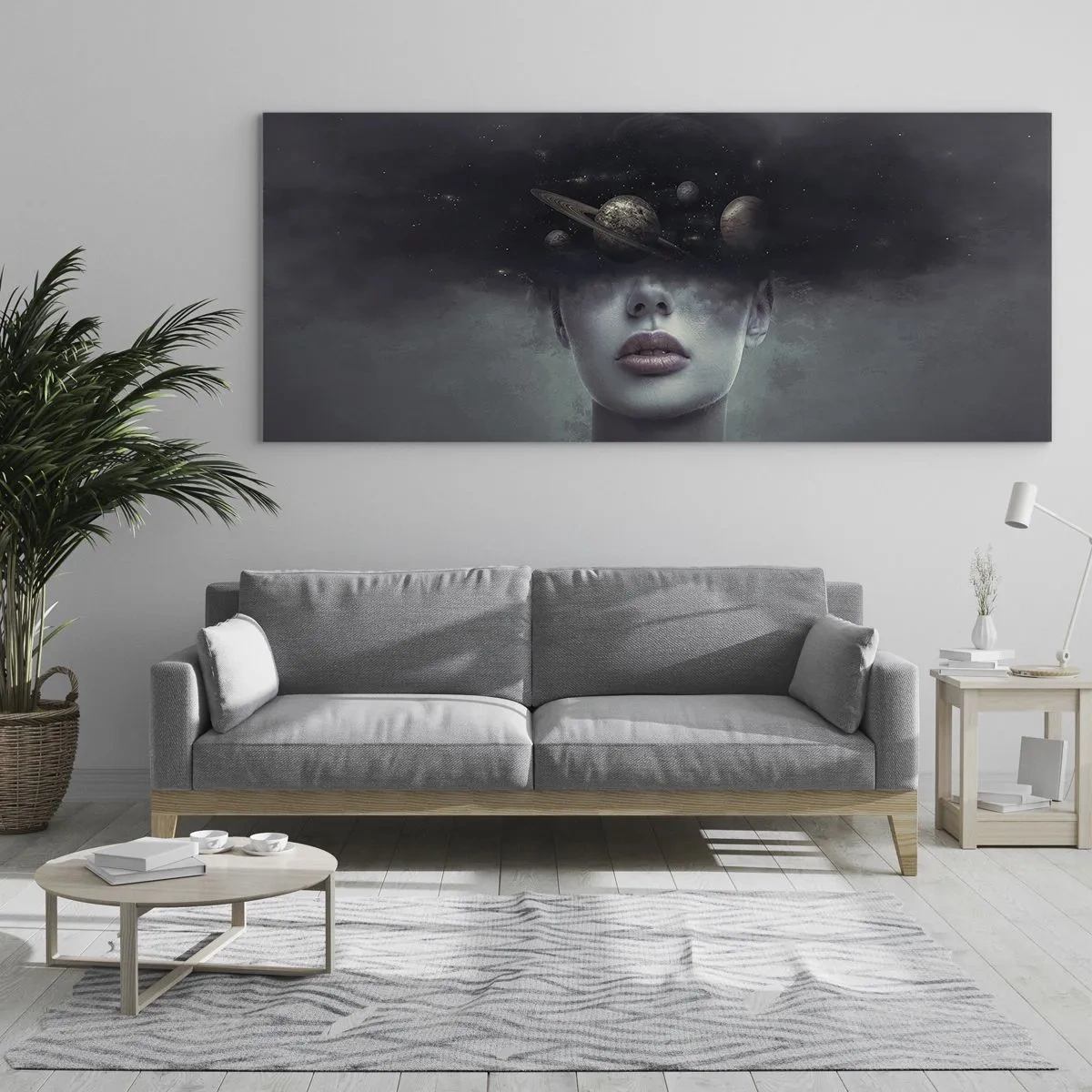 Glasbild - Bild auf glas - Ein Frauengesicht mit einem Planeten- und Weltraummotiv im Hintergrund - 120x50cm - Und die Planeten spielen verrückt ... - Moderne Wanddekoration für Wohnzimmer und Schlafzimmer ARTTOR