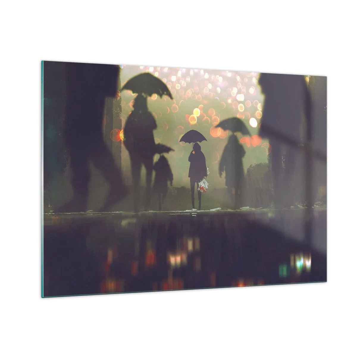 Glasbild - Bild auf glas - Figuren mit Regenschirmen im Regen vor dem Hintergrund der Lichter der Stadt - 100x70cm - Aus der Perspektive eines Regentropfens - Moderne Wanddekoration für Wohnzimmer und Schlafzimmer ARTTOR
