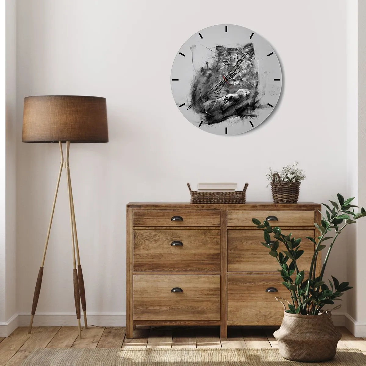 Wanduhr - Glasuhr - Porträt eines Tigers in Schwarz-Weiß-Abstraktion - 30x30cm - Ja, ich höre aufmerksam zu - Moderne Wanddekoration für Wohnzimmer, Küche und Schlafzimmer ARTTOR
