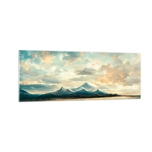 Glasbild - Bild auf glas - Eine malerische Landschaft mit einem Berg und einem ruhigen See - 140x50cm - Unter dem Schutz des Himmels - Moderne Wanddekoration für Wohnzimmer und Schlafzimmer ARTTOR