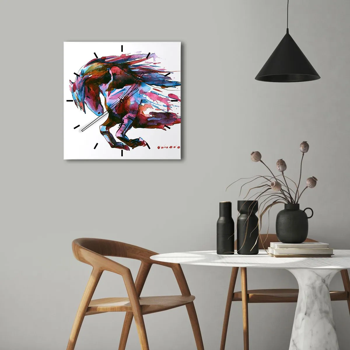 Wanduhr - Glasuhr - Ein Pferd in dynamischen abstrakten Farben symbolisiert Freiheit - 30x30cm - In Verzückung - Moderne Wanddekoration für Wohnzimmer und Schlafzimmer ARTTOR