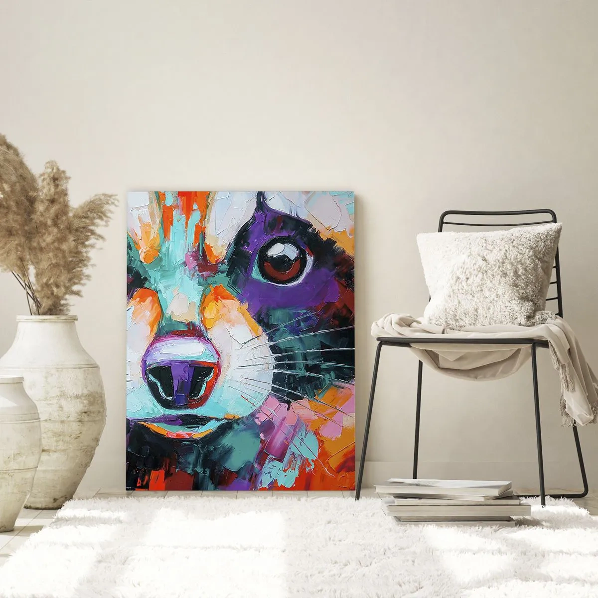 Glasbild - Bild auf glas - Ein farbenfrohes Porträt eines Waschbären im Stil der expressiven Malerei. - 80x120cm - Nur gute Emotionen - Moderne Wanddekoration für Wohnzimmer und Schlafzimmer ARTTOR