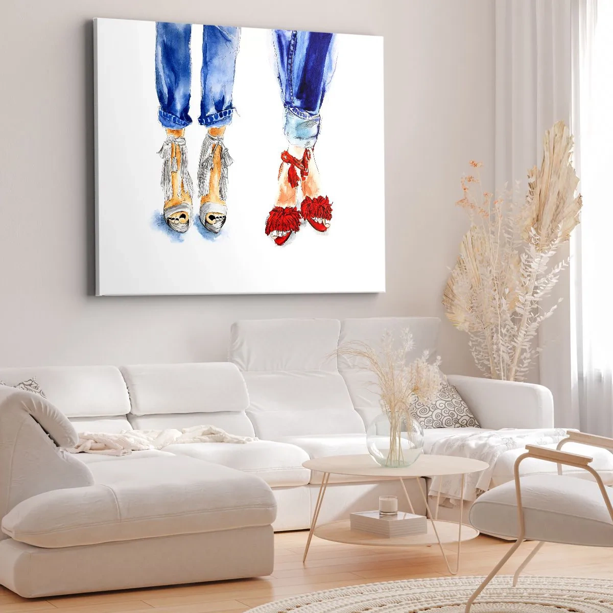Bild auf Leinwand - Leinwandbild - Abbildung von zwei Paar Schuhen in stylischen Sandalen und Jeans - 100x70cm - Vielleicht gehen wir spazieren? - Moderne Wanddekoration für Wohnzimmer und Schlafzimmer ARTTOR