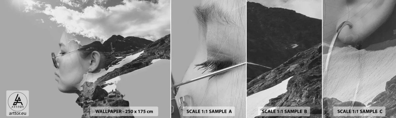 Fototapeten Muster Selbstklebend Deluxe Sticker - Top und bewölktes Porträt - Abstraktion, Frauenkopf, Fantasie - 100x30 cm