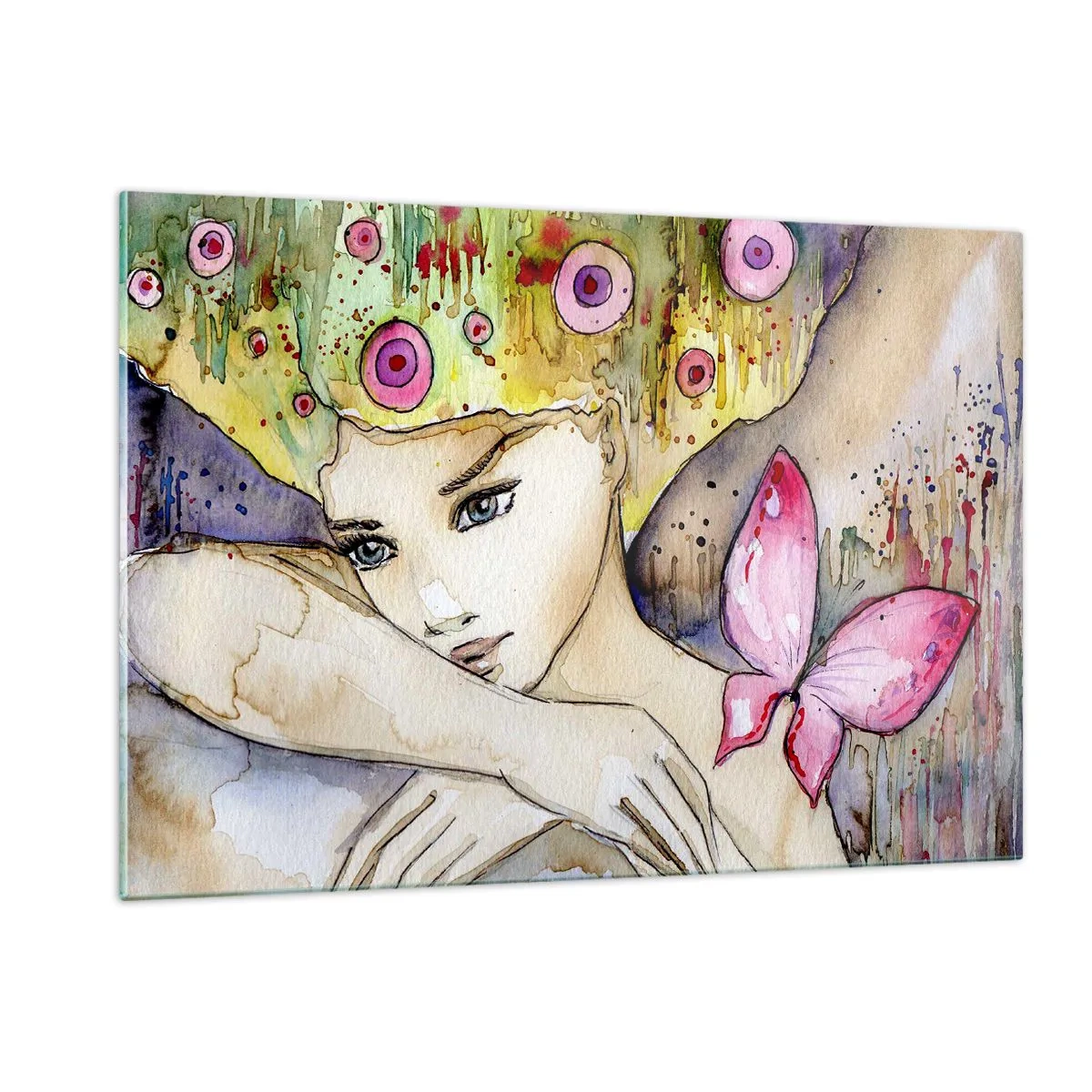 Glasbild - Bild auf glas - Porträt einer Frau mit bunter Frisur und einem Schmetterling in Aquarell - 120x80cm - Schmetterlingsprinzessin - Moderne Wanddekoration für Wohnzimmer und Schlafzimmer ARTTOR