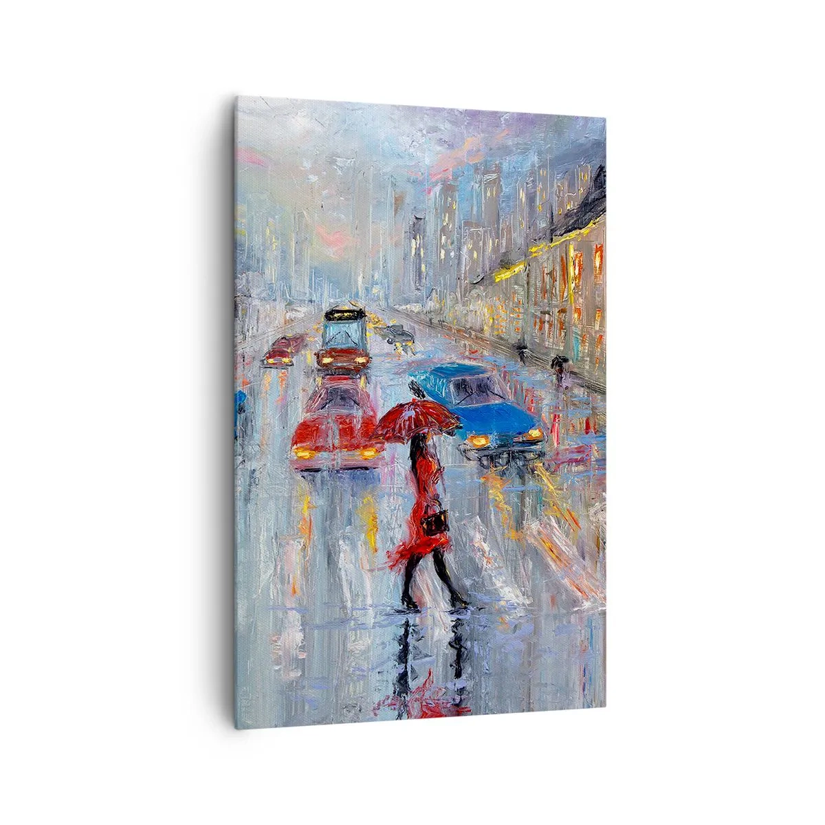 Bild auf Leinwand - Leinwandbild - Eine Frau mit einem Regenschirm auf einer verregneten Straße im Neonlicht. - 80x120cm - Regnerischer Nachmittag in der Stadt - Moderne Wanddekoration für Wohnzimmer und Schlafzimmer ARTTOR