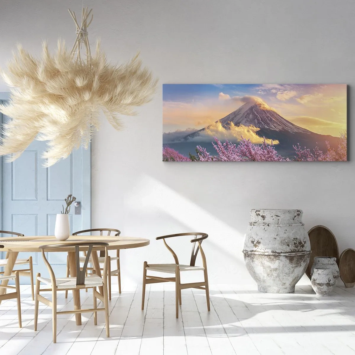 Bild auf Leinwand - Leinwandbild - Mount Fuji mit Kirschblüten im Hintergrund bei Sonnenuntergang - 140x50cm - Japanische Heiligkeit - Moderne Wanddekoration für Wohnzimmer und Schlafzimmer ARTTOR