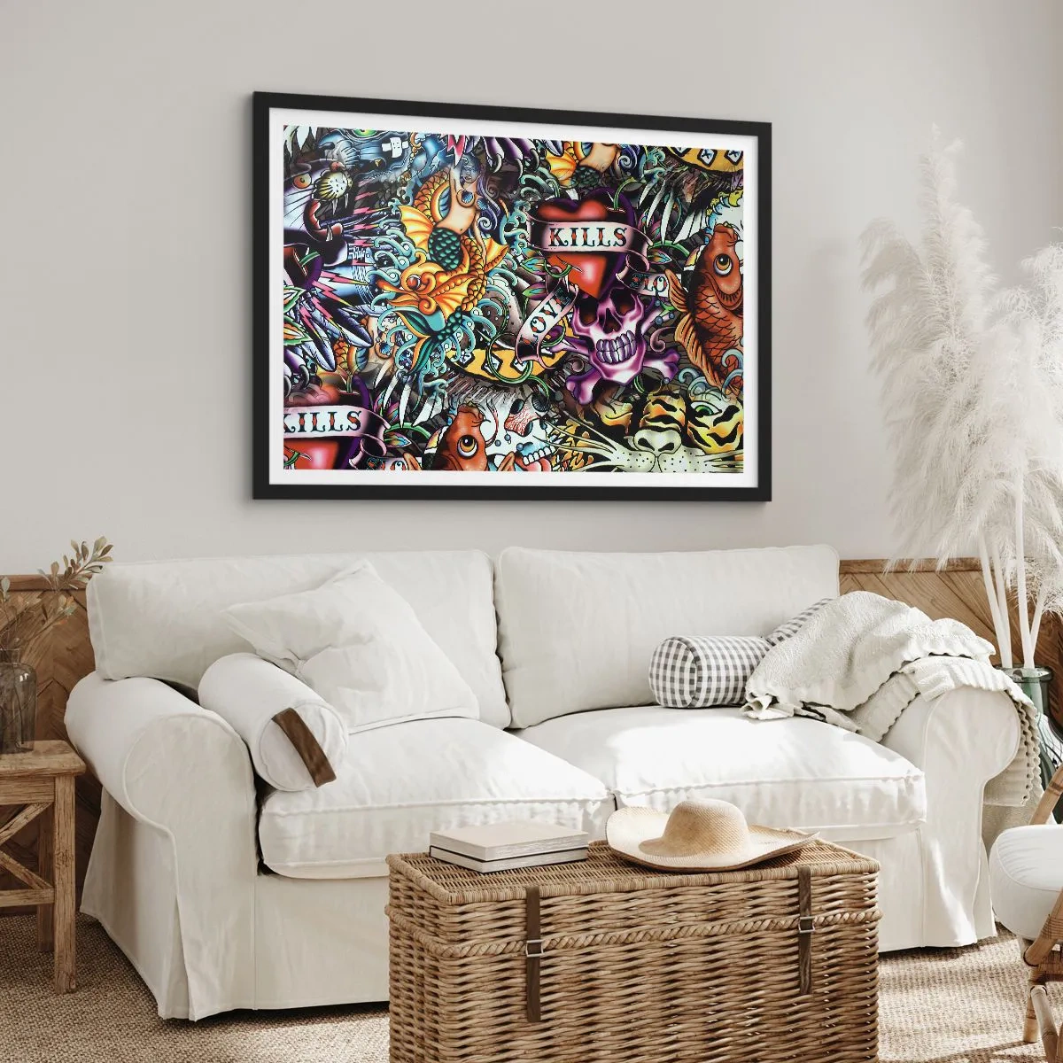 Poster in einem schwarzem Rahmen - Farbenfrohe Kunstwerke im Tattoo-Stil mit Totenköpfen und nautischen Motiven - 70x50cm - Der Traum des Tätowierers - Moderne Wanddekoration für Wohnzimmer und Schlafzimmer ARTTOR