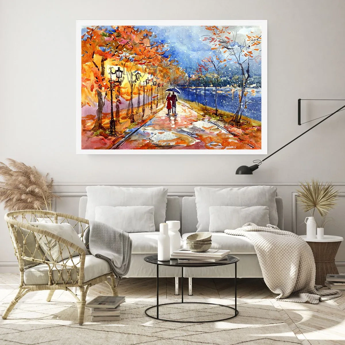 Poster - Ein Herbstspaziergang im Park am Flussufer unter einem Regenschirm - 100x70cm - Gemeinsam bis an die Grenze der Zeit - Moderne Wanddekoration für Wohnzimmer und Schlafzimmer ARTTOR