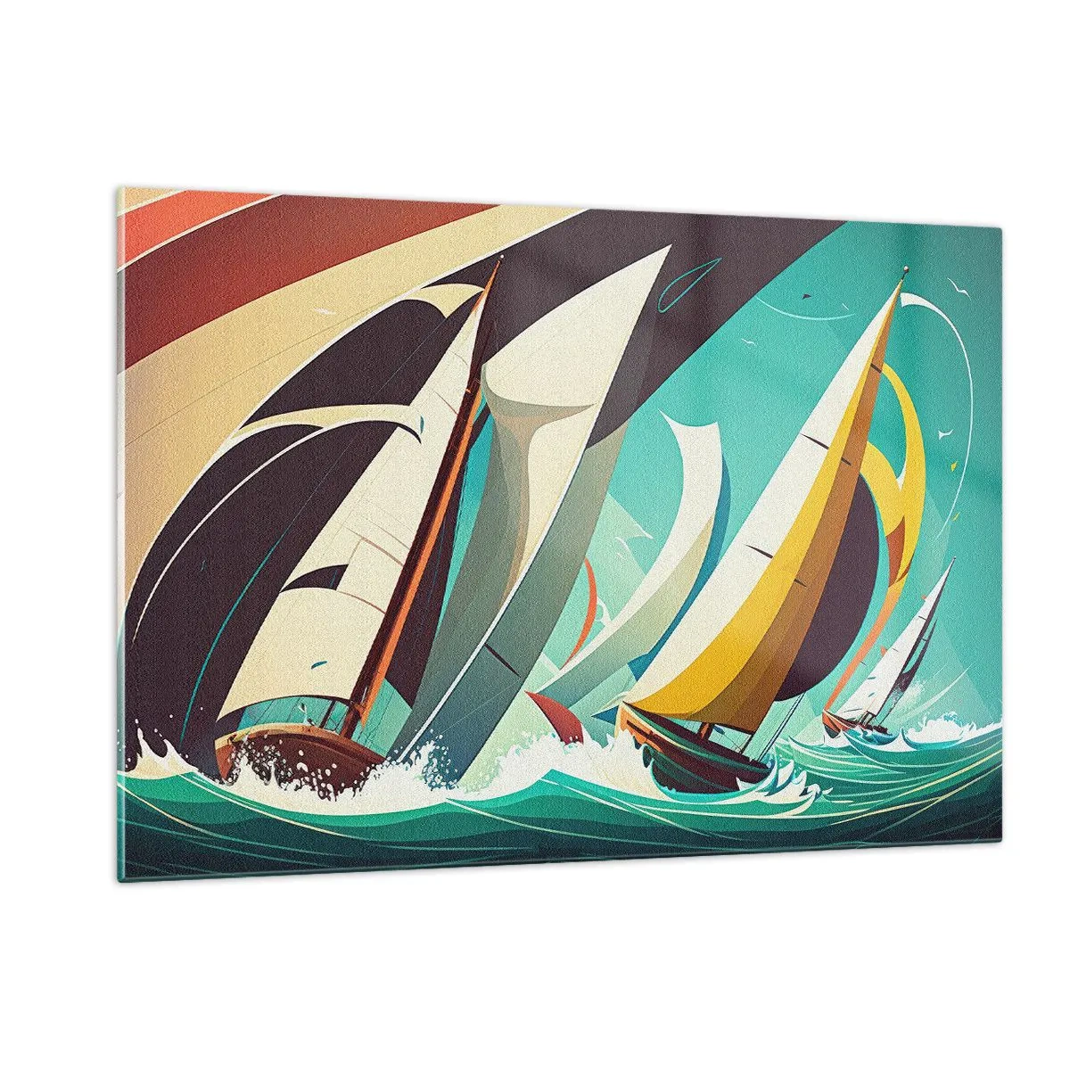Glasbild - Bild auf glas - Retro-Stil-Illustration von Segelbooten in stürmischer See - 120x80cm - Viel Glück mit den Elementen - Moderne Wanddekoration für Wohnzimmer und Schlafzimmer ARTTOR