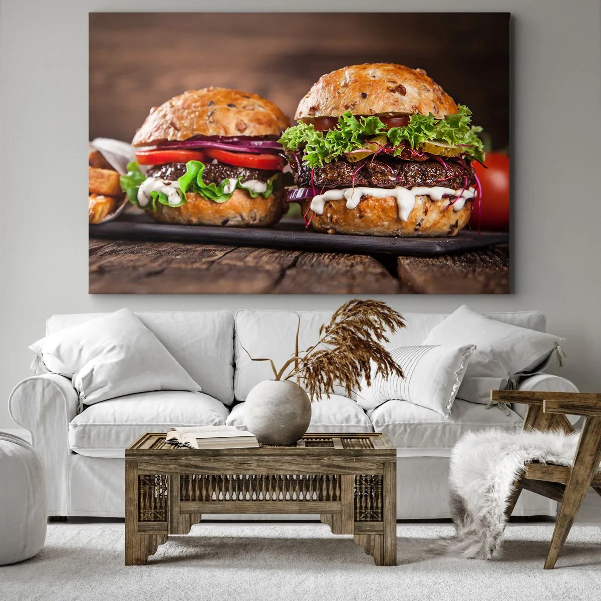 Bild auf Leinwand - Leinwandbild - Appetitliche Burger mit Gemüse und Sauce - 120x80cm - Amerikanischer Traum - Moderne Wanddekoration für Wohnzimmer und Schlafzimmer ARTTOR