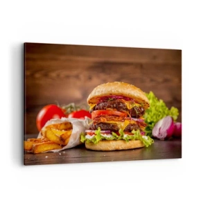 Bild auf Leinwand - Leinwandbild - Appetitlicher Burger mit Extras - 100x70cm - Die verbotene Frucht - Moderne Wanddekoration für Wohnzimmer und Schlafzimmer ARTTOR