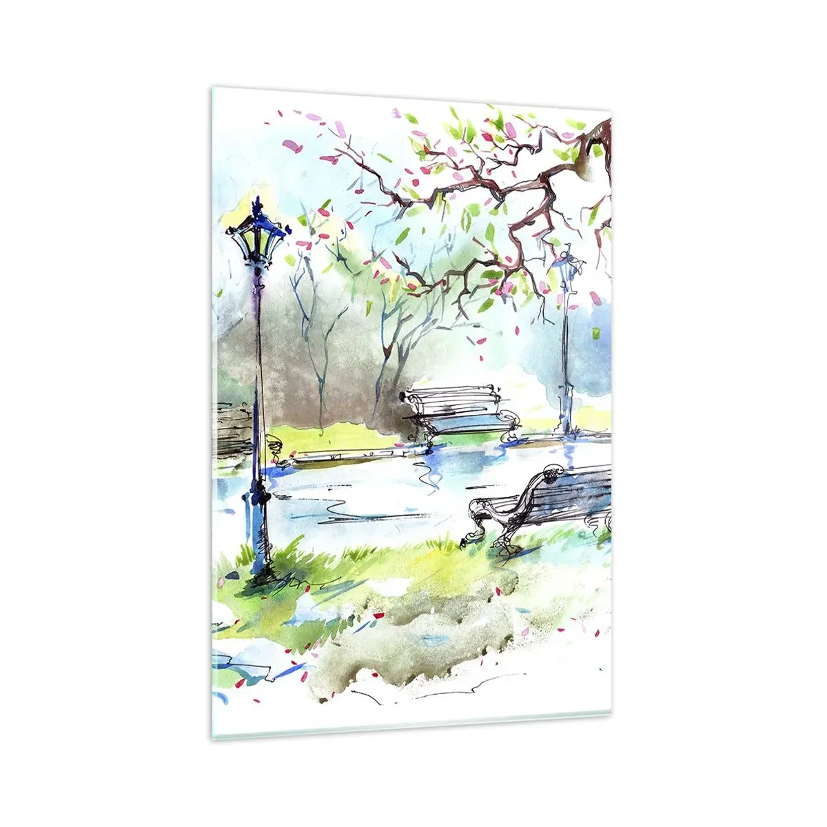 Glasbild - Bild auf glas - Aquarell-Parkszene mit Bänken und Lampen - 80x120cm - Der Zauber der Stille des Parks - Moderne Wanddekoration für Wohnzimmer und Schlafzimmer ARTTOR