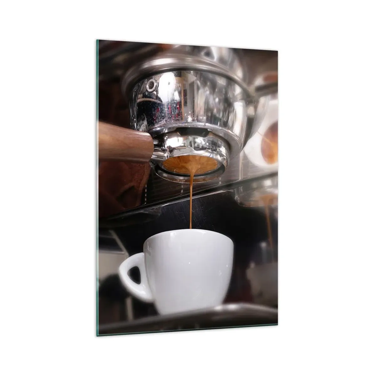 Glasbild - Bild auf glas - Nahaufnahme einer Kaffeemaschine, die einen frischen Espresso zubereitet - 70x100cm - Gute Zeit des Tages - Moderne Wanddekoration für Wohnzimmer und Schlafzimmer ARTTOR